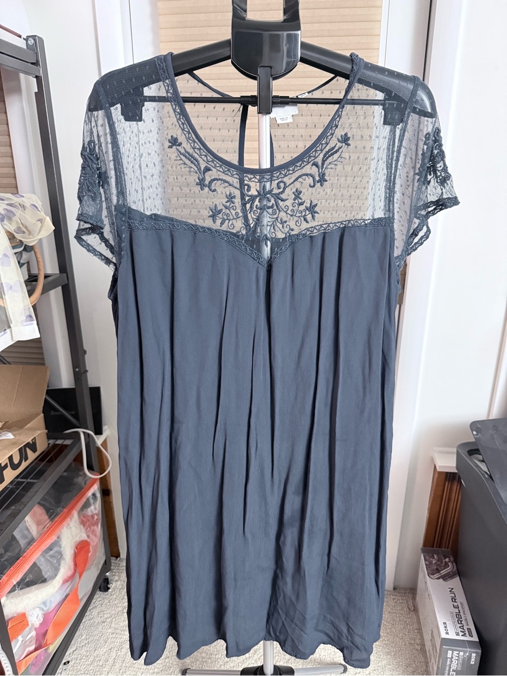 Junarose Slate dusty blue floral Embroidered dotted Mesh Yoke swing dress whimsy